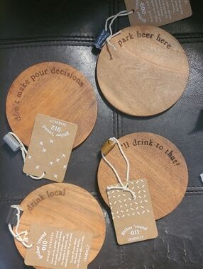New in box! Set of 4 wooden beer funny Park Here, I'll drink to that coasters